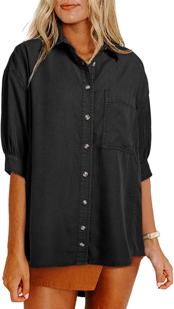 Astylish Women 2025 Denim Shirt Summer Oversized Short Sleeve V Neck Button Down Chambray Blouse Top with Pocket (Small, Black)
