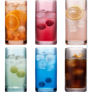 Physkoa Colored Ribbed Drinking Glasses Set of 6 - Vintage Highball Glasses Colorful,Embossed Ribbed Design Tumbler Glass for Cocktail,Juice,Mixed Drinks,Water,Holiday Party Supplies Gifts