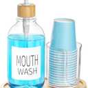 Mouthwash Dispenser with Cup Holder, Plastic Mouth Wash Pump Bottle with Tray for Bathroom Organizers, 17oz Refillable Clear Mouthwash Container - Bamboo