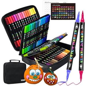 IVSUN Acrylic Paint Pens, 60 Colors Dual Tip Paint Markers with Fine Tip and Brush Tip for Stone, Wood, Canvas, Calligraphy, Ceramic, Metal, Glass, Rock Painting, DIY Crafts Art Supplies Kit (2 packs)