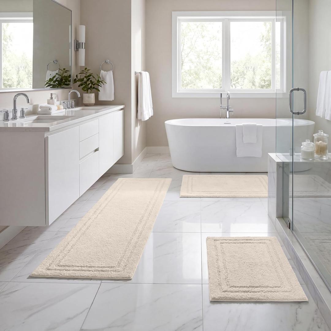 SUPERIOR Cotton Washable Bath Rug with Runner Bundle Set, 3 Piece, Cream, 3PC Set