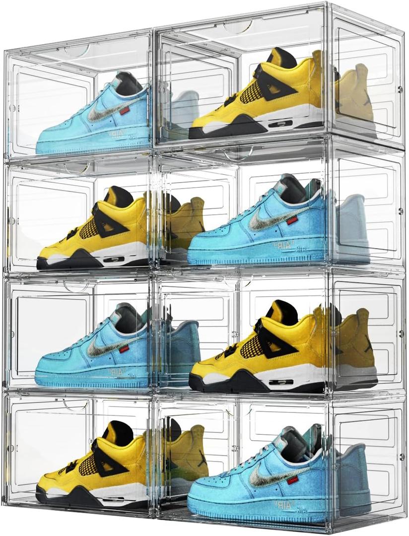 XL Shoe Storage Box,8 Pack Drop Side Shoe Boxes Clear Plastic Stackable,Sneaker Display Case with Magnetic Door Fit up to US 1313.4x 10.6x 8.3(8 Pack Clear)
