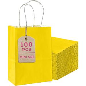 Bakepacker 100 Pcs Bright Yellow Mini Paper Gift Bags with Handles 6"x4.5"x2.5" Party Favor Bags Multiple Uses (Mini Size)
