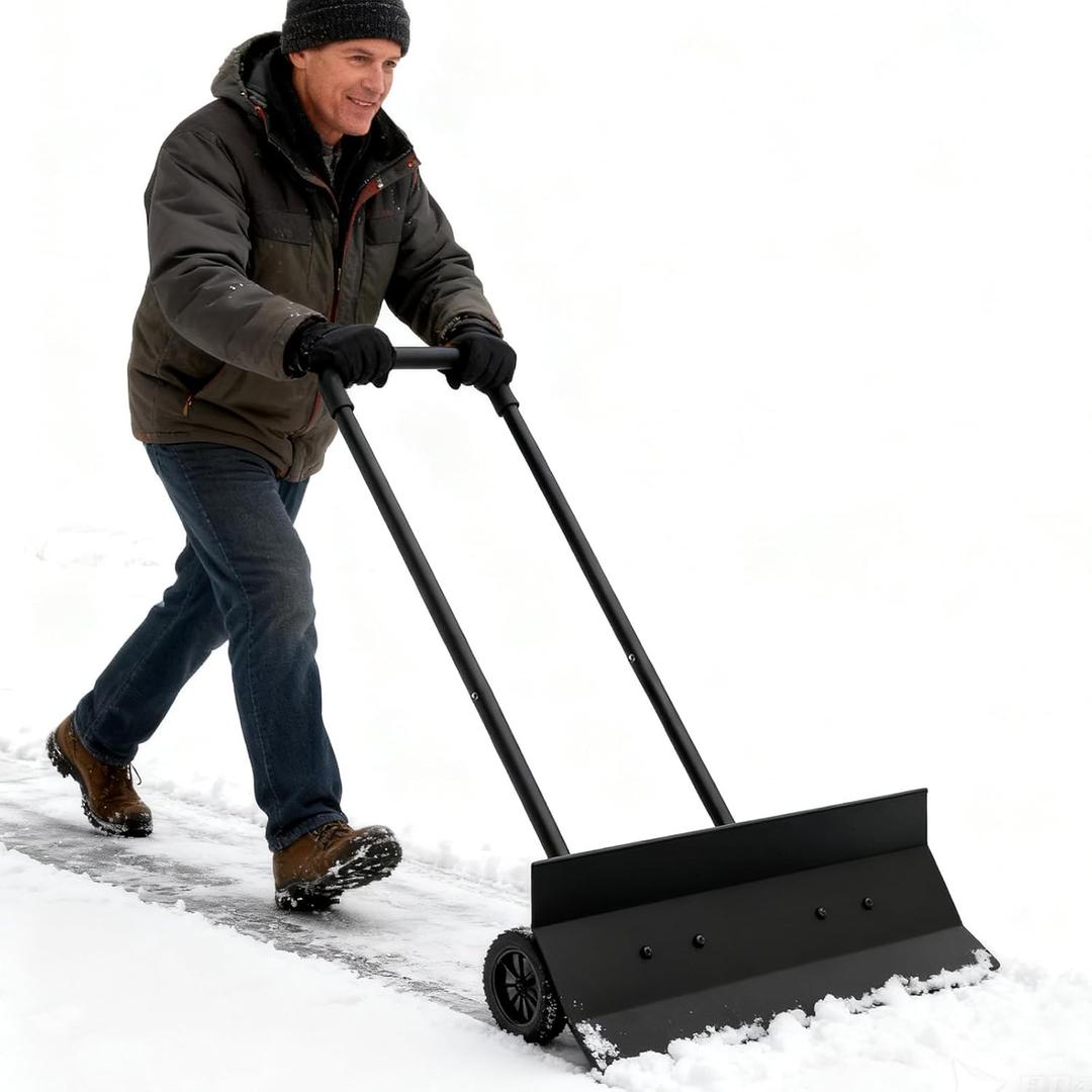Snow Shovel with Wheels, Heavy Duty Snow Shovel for Driveway with Rotatable Handle, Efficient Snow Removal for Pavement (27.5inch)