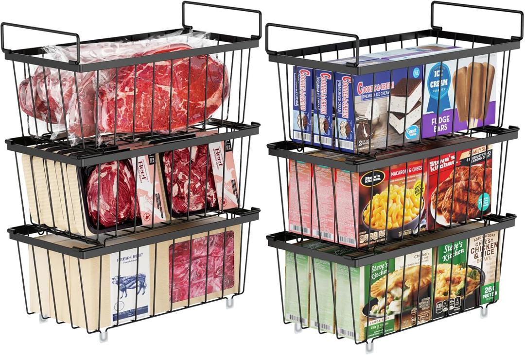 iSPECLE Freezer Storage Bins - 6 Pack Small Stackable Deep Freezer Organizer Bins for Most 7 Cu.FT Chest Freezer Sort Frozen Food, Freezer Basket with Handles Easy to Get Food from Bottom, Black
