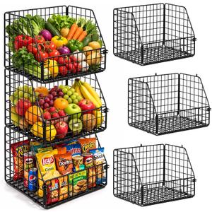 3Tier Wall Hanging Fruit Baskets for Kitchen Organizing Fruits and Vegetables, HeavyDuty Wall Basket for Storage, Wire Hanging Fruit Basket for Kitchen & Pantry