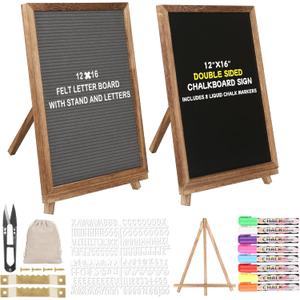 12" x 16" Double Sided Chalk Board with Stand, Felt Letter Board Sign Wooden Frame Chalkboard Easel Food Menu Message Word Announcement Board, Blackboard for Cafe Wedding Party Shop Restaurants (Brown)