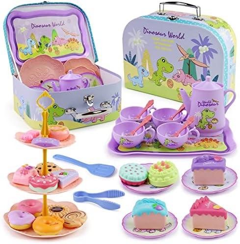 Motiloo 41 Pcs Dinosaurs Kids Tea Party Set with Carrying Case & Sweet Treats Playset - Pretend Toy Tin Tea Set for Little Girls - Princess Tea Time Pretend Play Tea Set Toys