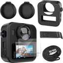 Silicone Protective Case for GoPro Max 2 with Open-Vent Design & Protective Accessories Kit - Includes 9H Tempered Glass Screen Protector, Lens Cap, Battery Cover & Adjustable Lanyard (Black)