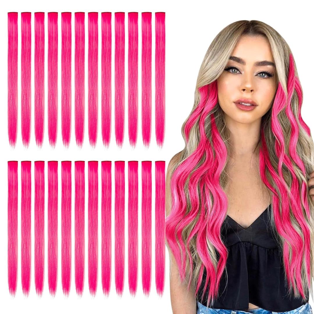 Kyerivs 24PCS Pink Clip in Hair Extensions for Girls 20Inch Rainbow Straight Synthetic Hairpieces for Girls Party Highlights Pink Hair Accessories Halloween Gifts for Women Easter Gifts
