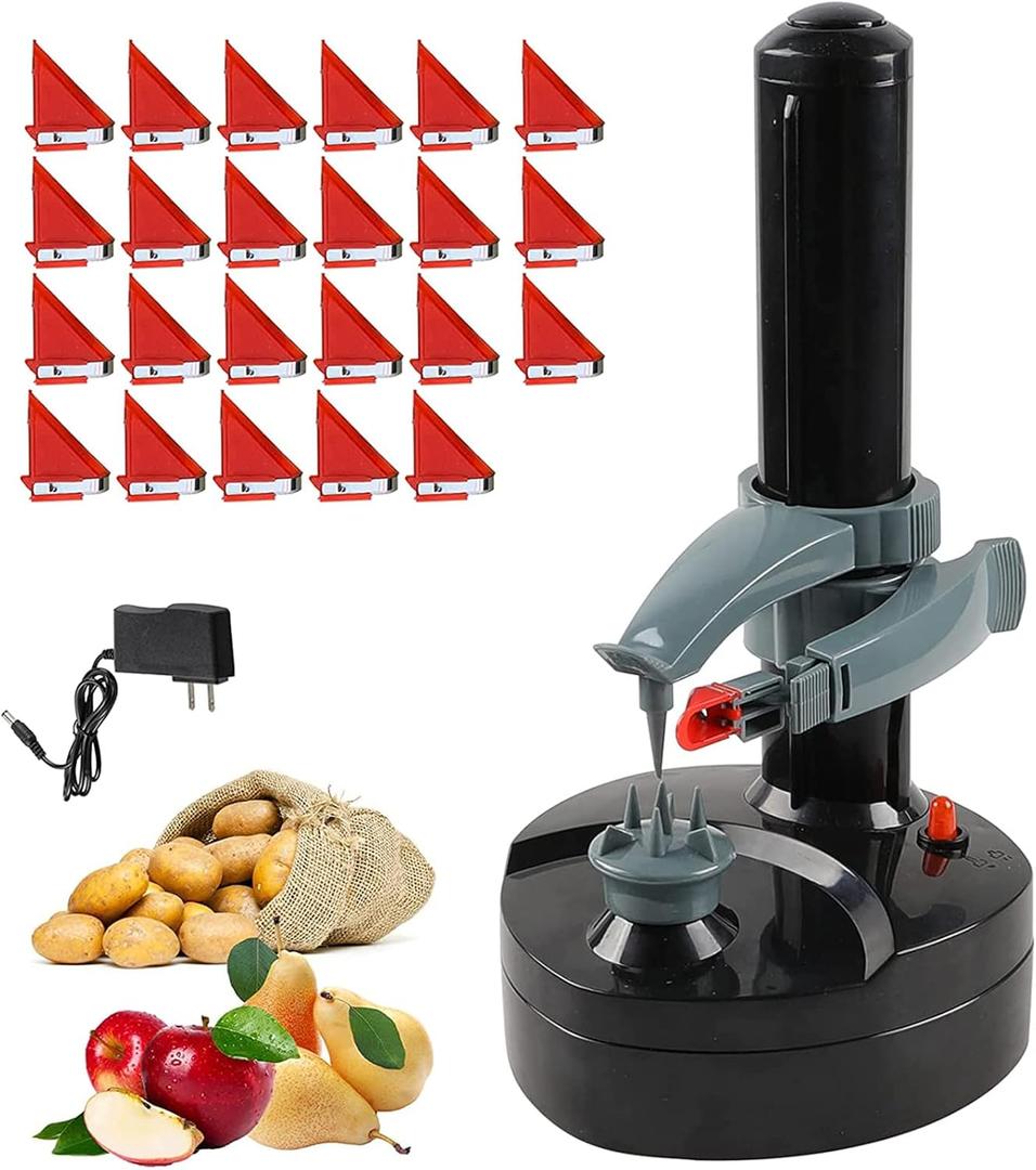 Electric Potato Peeler with 23 Replacement Blades Rotato Express Stainless Steel Automatic Rotating Fruits Fruit Potato Peeler Vegetables Cutter Apple Paring Machine Kitchen Peeling Tool (Black)