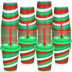 50 Set Christmas Plastic Cups with Lids and Straws 12oz Red & Green Xmas Party Holiday Cups for Cold Beverages Juice Coffee Drinks Supplies