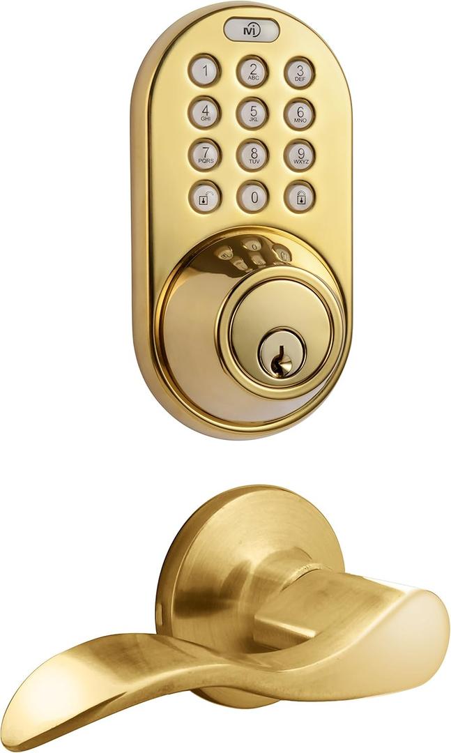 MiLocks DFL-02P Electronic Touchpad Entry Keyless Deadbolt and Passage Lever Combo, Polished Brass