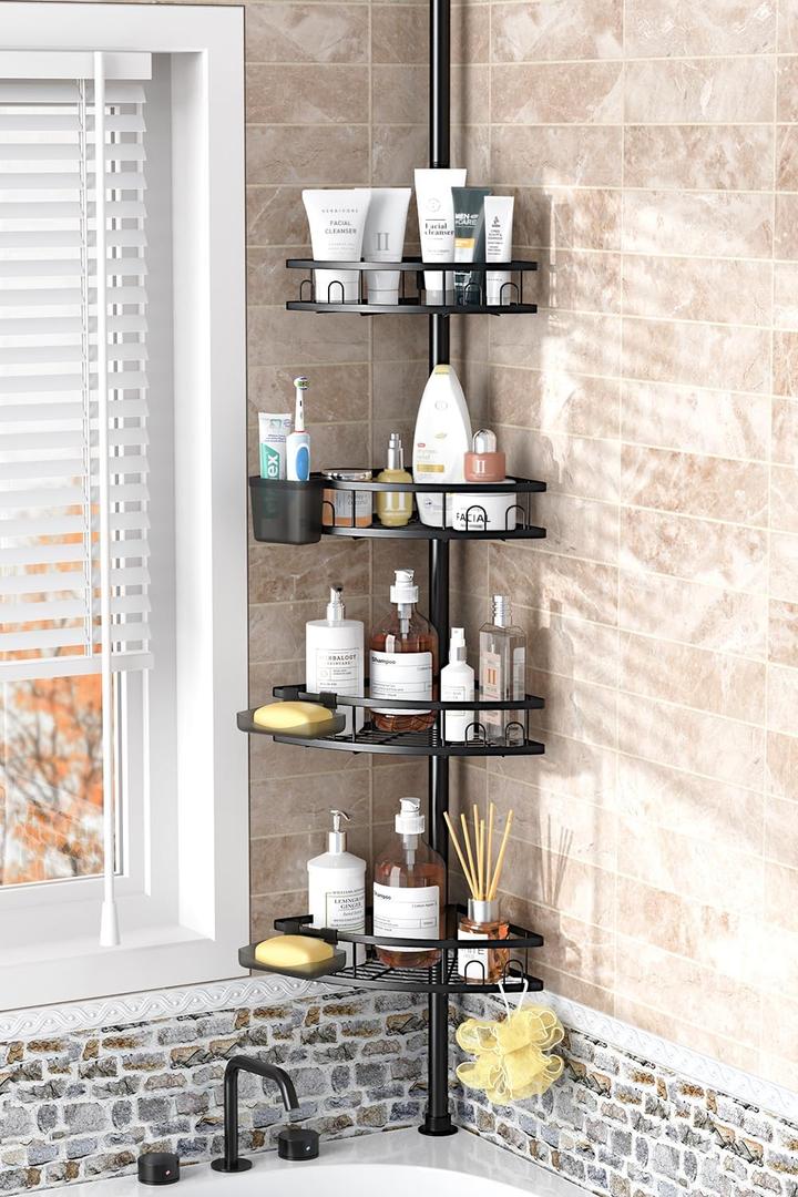 Tension Pole Shower Caddy Corner: Adjustable 4tier Bathroom Organizer Shelves - Rustproof Bathtub Shampoo Rack 43.5-120 inch (Matte Black)