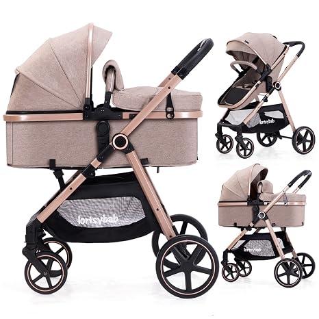 Lortsybab 2-in-1 Baby Stroller - Folding Infant Newborn Pram Stroller with Reversible Seat - Toddler Strollers for 0-36 Months Old Babies (Beige)