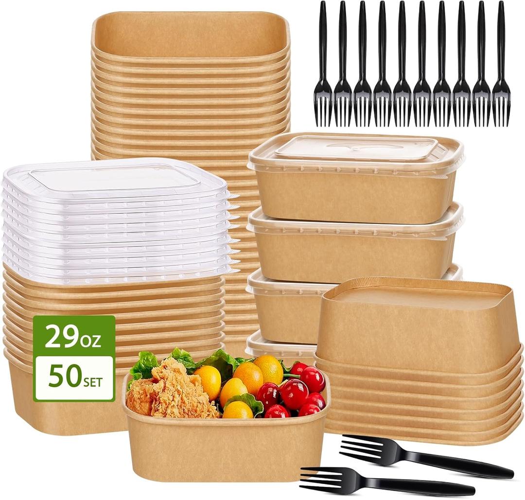 50-Pack 29oz Disposable Kraft Paper Bowlswith Lids and Forks,Meal Prep Containers Disposable Togo Food Deli Containers for Restaurant Supplies Take Out Containers, Microwave Safe for Hot/Cold Food