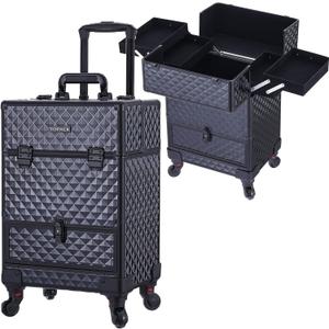 TOPACK Rolling Makeup Train Case,360Rotaing Wheel Aluminum Cosmetic Case with Trolley 4-Tray for Tattoo/Barber/Nail Tech Travel Cart Organizer 13.1 * 9.8 * 18.3in BLACK (BLACK)