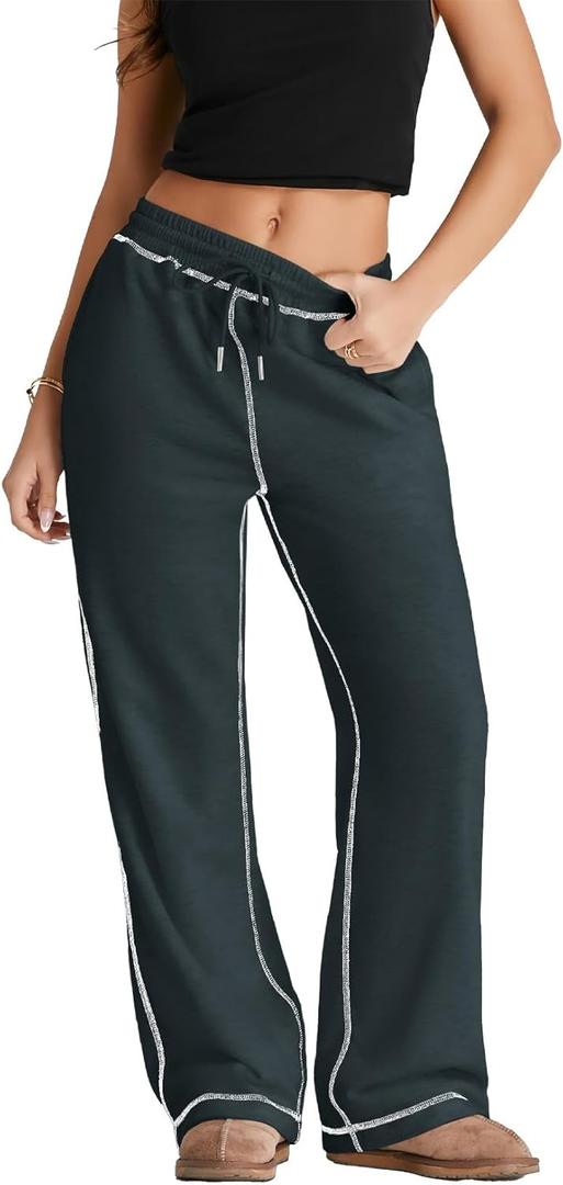 Herseas High Waisted Sweatpants for Women 2025 Fall Wide Leg Contrast Stitching Drawstring Loose Lounge Jogging Pants (Gray, XXL)