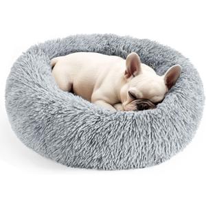 Dogs Bed for Small Dogs, Anti-Anxiety Washable Round Bed (Light Grey, 24.0" L x 24.0" W x 8.0" Th)