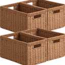 UBBCARE 4 Pack Wicker Basket, 13.4L×8.3H×7.1W inch Woven Paper Rope Storage Baskets for shelves, Foldable Rectangular Storage Baskets with Handle, Storage Basket for Organizing, Caramel