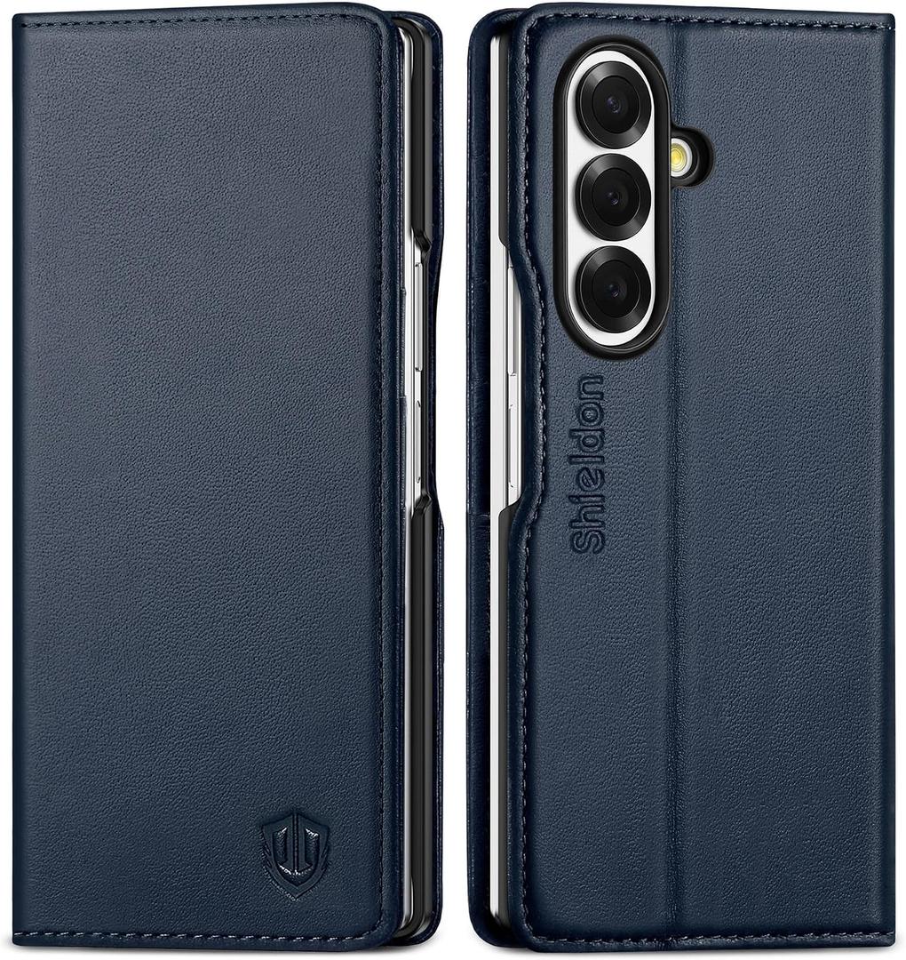 SHIELDON Case Wallet for Galaxy Z Fold 7 8.0-inch 2025, Genuine Leather, Folio Magnetic Cover, RFID Blocking Credit Card Slot, Kickstand, Shockproof Phone Holder for Galaxy Z Fold7 - Navy Blue