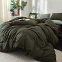 FOSSA Duvet Cover Set 100% Washed Cotton Linen Feel Super Soft Breathable Cozy 3 Pieces Bedding Sets Solid Olive Green Queen