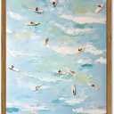 Framed Tiny People Surfing Canvas Wall Art, Abstract Blue Coastal Surfer Pictures Wall Decor, Funky Summer Ocean Paintings Prints Beachy Home Decor for Living Room Bedroom Dorm 16x24 inch