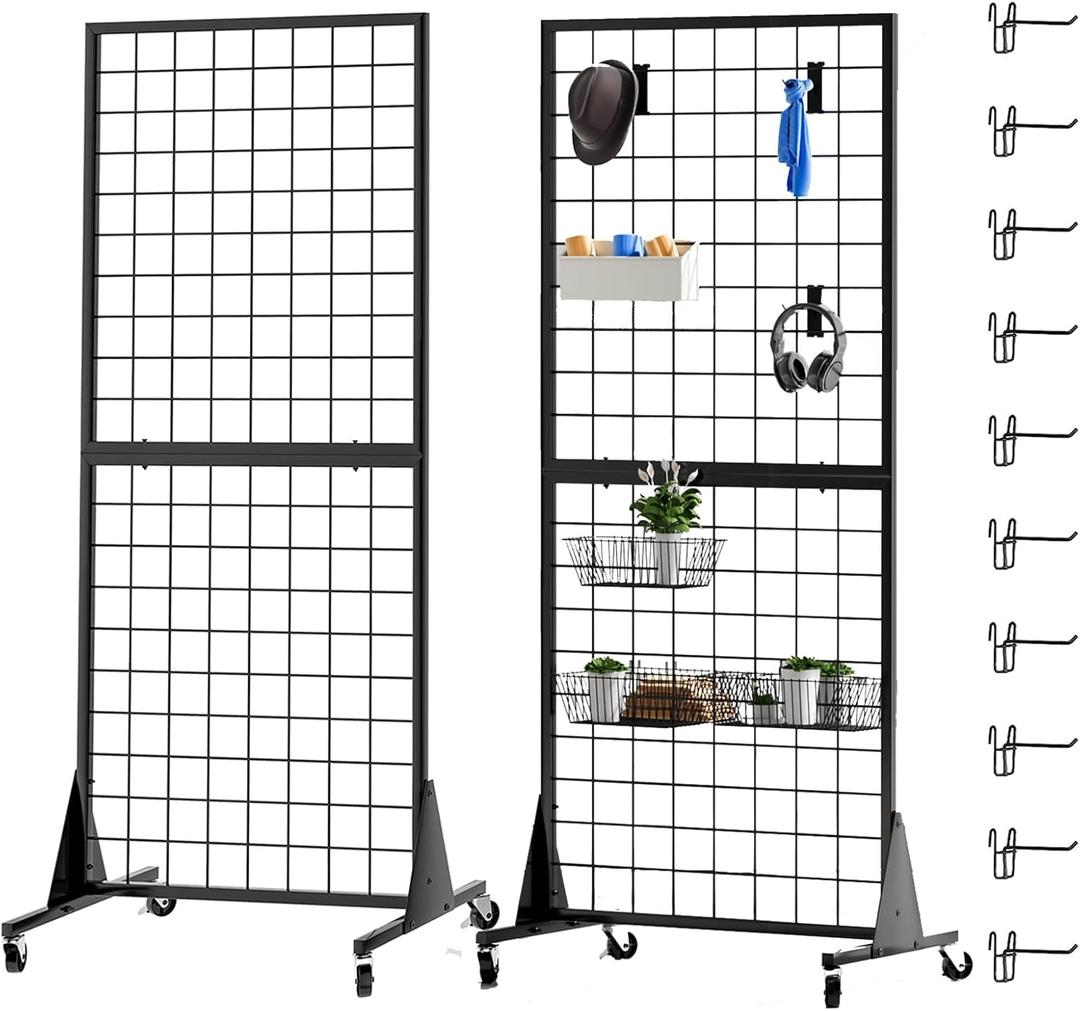 2-Pack Gridwall Panel Display Stand Heavy Duty Removable Floor Mounted Detachable Grid Display Stand 2' x 5.5' Ft Display with Additional Hook - for Retail Art Fair (Black Finish)