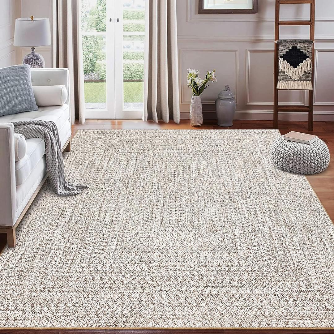 ROYHOME 9x12 Area Rug Large Machine Washable Rug for Living Room Print Braided Accent Rug Stain Resistant Non-Slip Carpet Farmhouse Solid Printed Textured Floor Cover for Home Decor, Beige/Grey