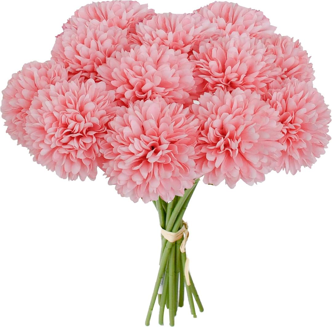 Mandy's Pink Artificial Ball Chrysanthemum 12 Stems Faux Flowers with Bendable Stems for Valentine's Day and New Year Decorations DIY Wedding Centerpiece Fall Decor Home Arrangements
