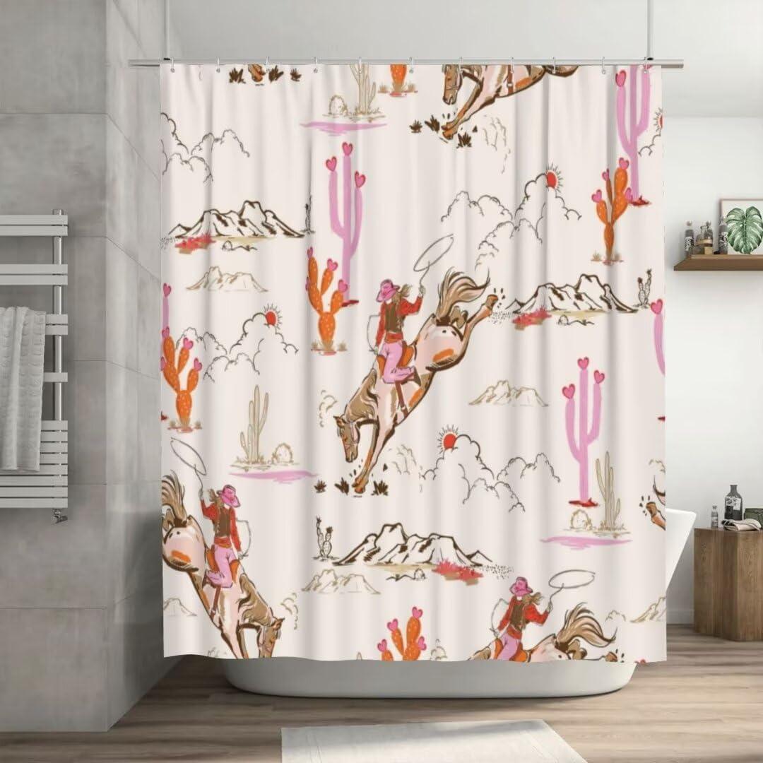 Vintage Western Cowgirl Shower Curtains Rustic Wild West Cowboy Ride Horse and Desert Cactus Polyester Waterproof Cloth Bathroom Curtain with 12 Hooks 36x72Inch92x183cm
