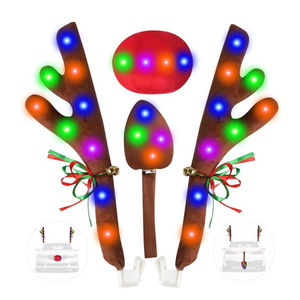 Christmas Reindeer Antlers Car Decoration Kit, LED Multicolor Lights Nose Vehicle with Jingle Bells Rudolph, Auto Holiday Accessories for SUV Van Truck Decor