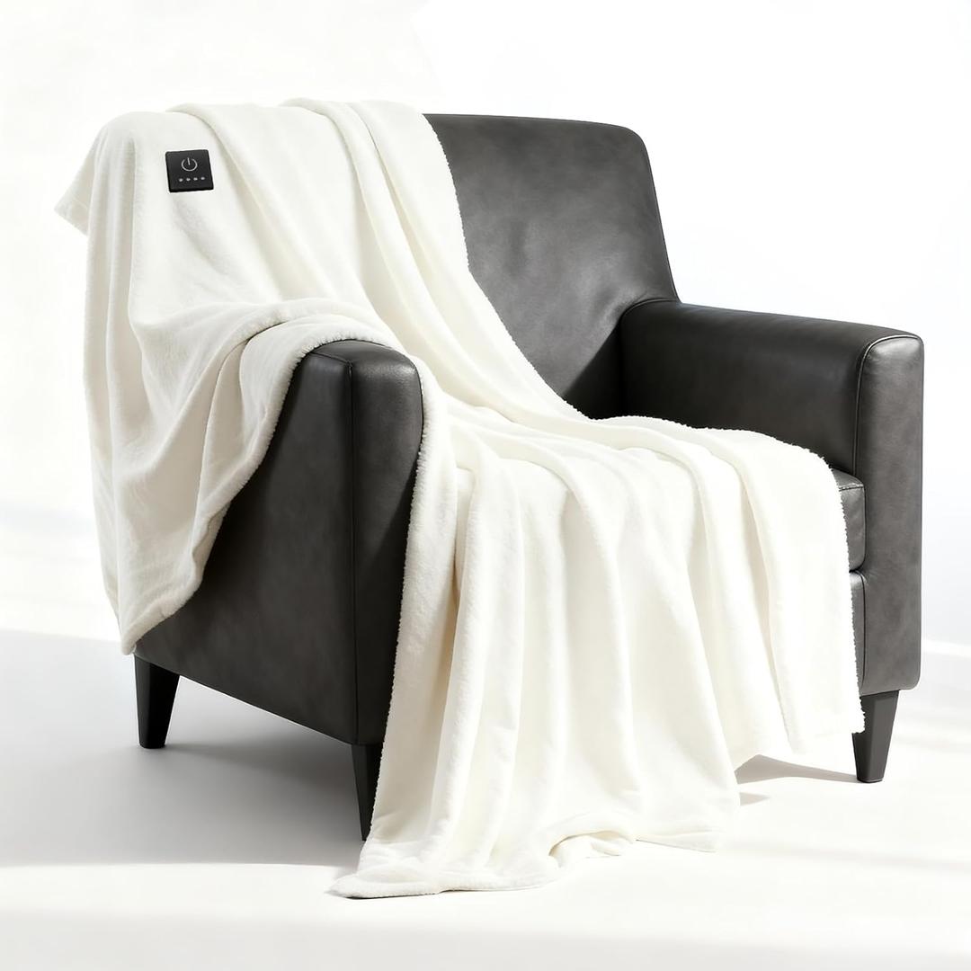 Heated Throw Blanket Electric Blanket with Built-in Button Controller 50"x60" One-Touch Ultra Cozy Soft Warm Heating Electric Blanket with 4 Heat Levels & 4 Hours Auto-Off Overheat Protection (White)