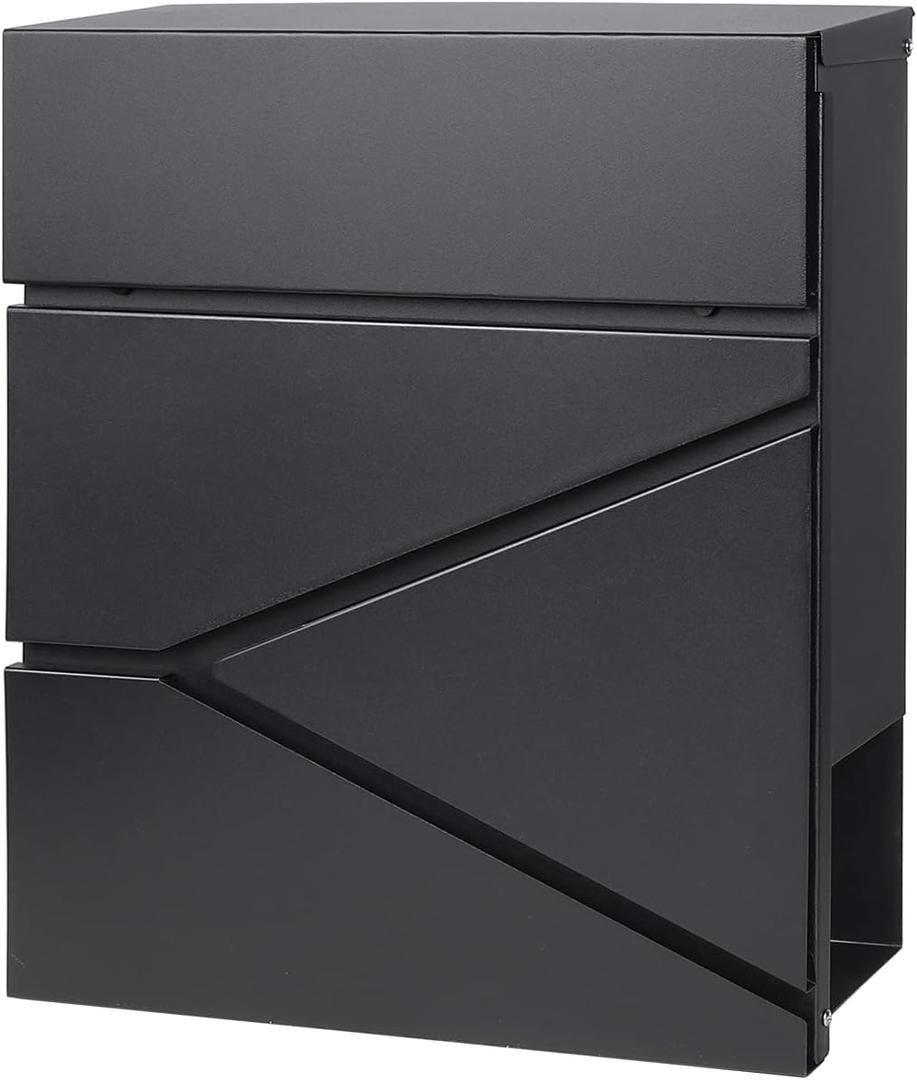 Jssmst Locking Mailbox Wall Mount- Waterproof mailboxes with Secure Key Lock and Newspaper Compartment, Key Lock Drop Box Extra Large Capacity, 12.9 x 4.1 x 14.2 Inch, Black, SM-HPB933 New
