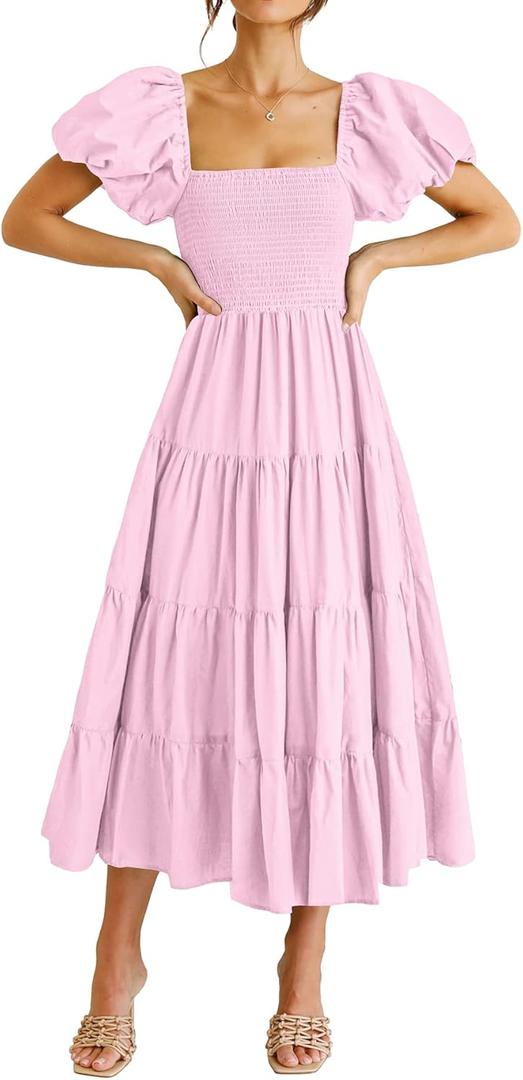 PRETTYGARDEN Women's Casual Summer Midi Dress Puffy Short Sleeve Square Neck Smocked Tiered Ruffle Dresses (Pink, Medium)