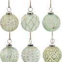 AuldHome Design Farmhouse Ball Ornaments (Set of 6, Soda Glass); Distressed Metal Glass Ball Vintage Style Christmas Decorations