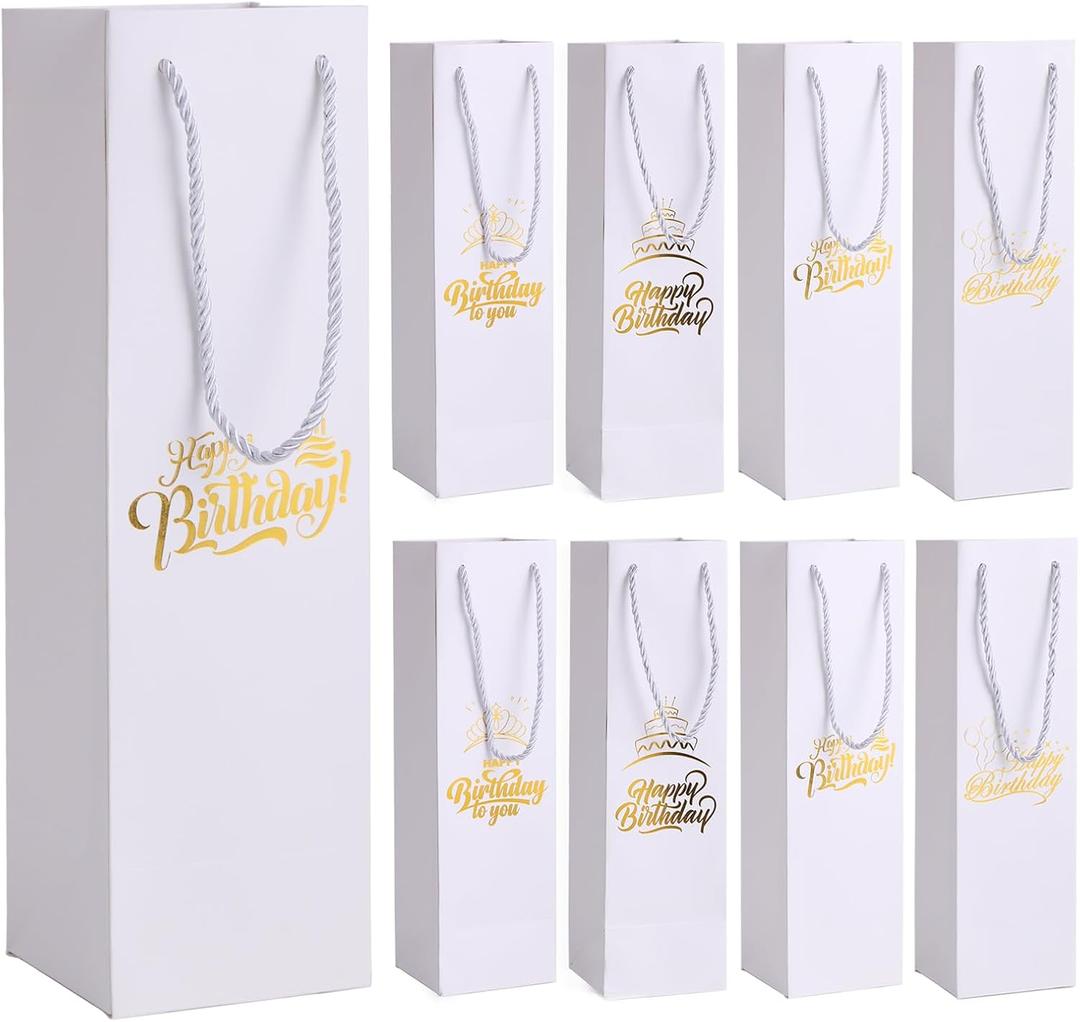 Tlenpo 8 Pcs Birthday Wine Gift Bags for Bottles, Gold Foil White Whiskey Tote for Birthday Party, Reusable, 230g Laminated for Extra Strength 13.7x3.8x3.8 Inches