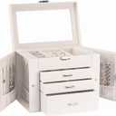 Jewelry Box for Women 4-layer Leather Large Jewelry Organizer Box with Drawers&Mirror for Necklace/Ring/Earring/Watch Storage (White)