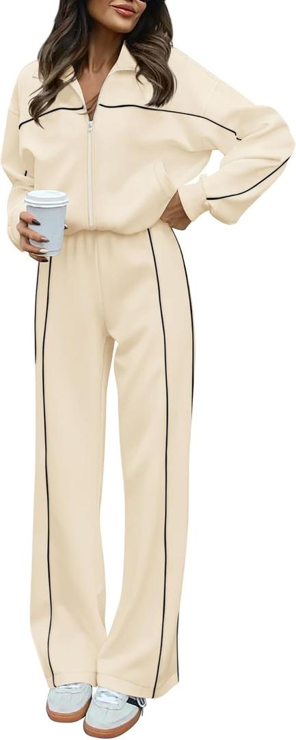 BTFBM Women's Two Piece Tracksuit Spring 2026 Long Sleeve Zip Up Sweatshirt Long Pants Outfits Jogger Sweatsuit Sets (Apricot), S