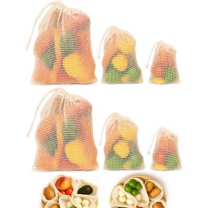 Reusable Mesh Produce Bags, Cotton Durable Double Stitched Lightweight Mesh Bags with Drawstring for Grocery Shopping, Veggies & Fruits: Set of 6 (2L, 2M, 2S) (Small (8"x10"), Medium (10"x12"), Large (12"x15"))