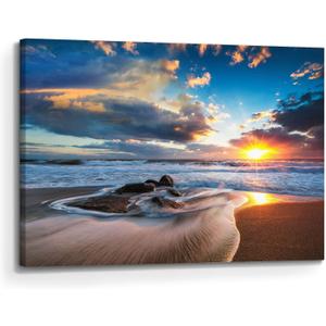 Artitude Beach Sunrise Canvas Wall Art: Modern Ocean Sea Wave Picture Coastal Rock Scene Painting Blue Seascape Print Relaxing Seaside Seashore Artwork Photography for Bedroom Living Room Decor