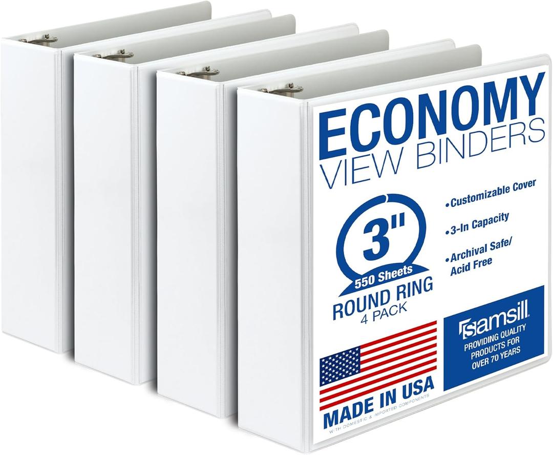 4 x Samsill 3 Inch 3 Ring Binders, Economy Round Ring, Clear View Cover, 550 Sheet Capacity - for School, Home, Office - White, 4 Pack