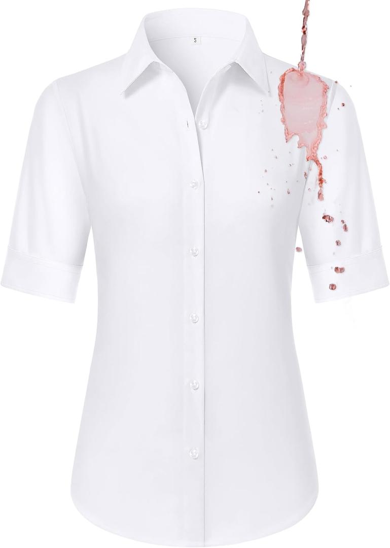 Gleeivy Button Down Shirts for Women Fitted Short Sleeve Dress Shirt Collared Blouses Work Tops Wrinkle Free, Medium