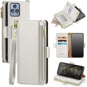 Antsturdy Compatible with T-Mobile Revvl 6 5G case Wallet with Card Holder for Women Men Phone case RFID Blocking PU Leather Flip Shockproof Cover with Strap Zipper Credit Card Slots,Beige