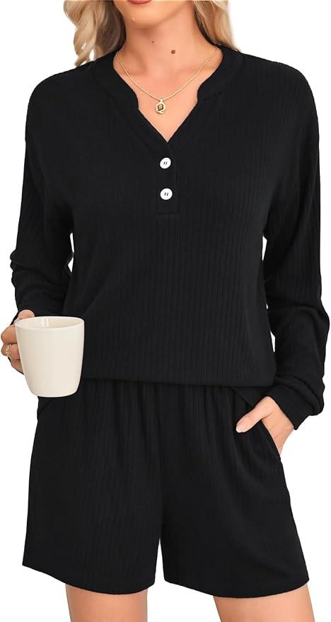 Braroz Womens Ribbed Knit 2 Piece Lounge Sets Outfits Long Sleeve Top and Shorts Pajama Sets Loungewear with Pockets Black M