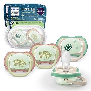 Philips Avent Ultra Air Pacifier - 4 x Light, Breathable Glow-in-The-Dark Baby Pacifiers for Babies Aged 6-18 Months, BPA Free with Sterilizer Carry Case, SCF376/08