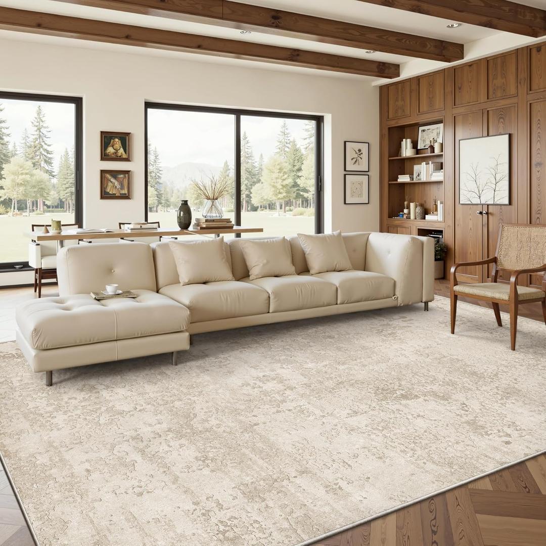 Art&Tuft Washable Rugs 9x12, Ultra Thin Anti-Slip Backing Abstract 9x12 Rug, Low Pile Stain Resistant Area Rugs for Living Room, Foldable Machine Washable Area Rug (9'x12', Beige)