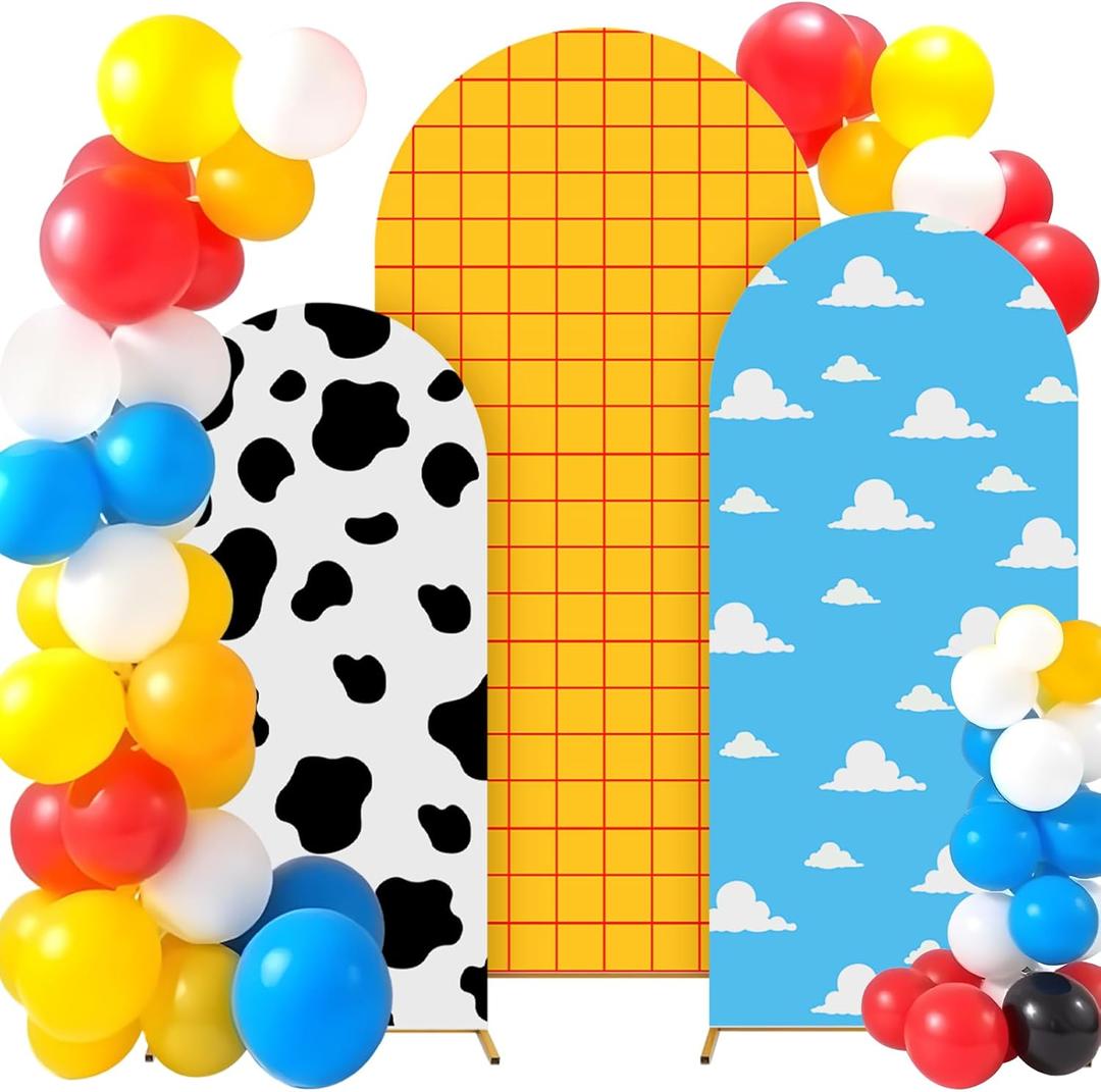3 Pcs Cartoon Story Plaid Arch Backdrop Cover Set for Wedding Ceremony Birthday Banquet Baby Shower Decoration (4FT 5FT 6FT)