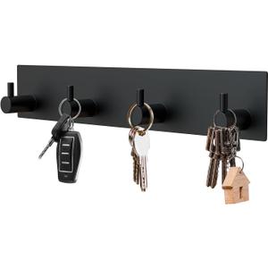 VIS'V Magnetic Key Holder Wall Mount, Metal Adhesive Key Hanger with 4 Hooks, No Drilling, 2 Mount Options, Black, Large
