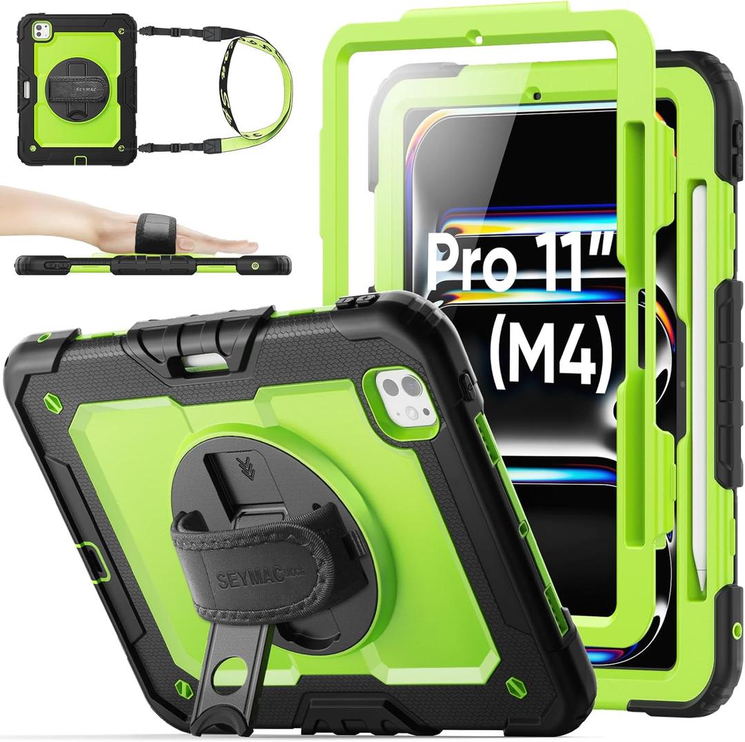 SEYMAC stock Case for iPad Pro 11-inch M5-M4 2025-2024, Shockproof Heavy Duty Case with Screen Protector, Pencil Holder, Rotating Stand, Hand Strap, Shoulder Strap, Green